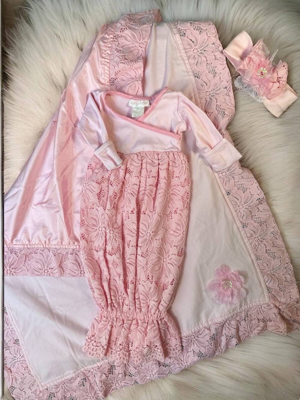 Pink Lace Newborn Gown, Blanket & Headband Balletcore Set